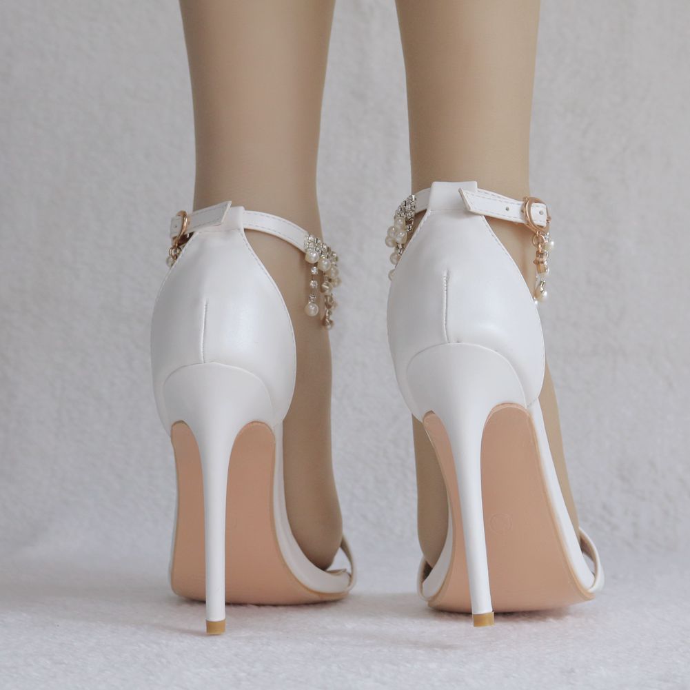 Women Beads Rhinestone Ankle Strap Bridal Wedding Stiletto Heel Sandals