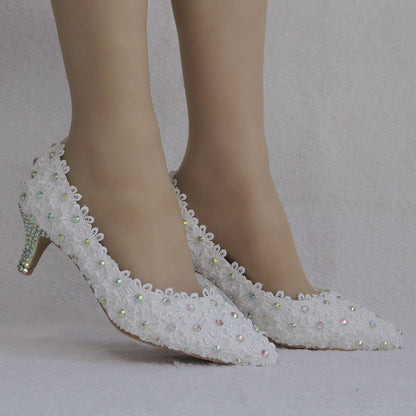 Women Stiletto Heel Pointed Toe Colorful Rhinestone Lace Flower Pumps