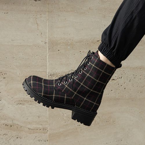 Women Lace Up Plaid Low Heels Short Boots