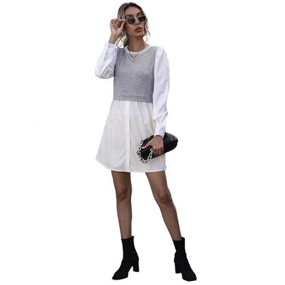 Women Long Sleeve Blouse Stitching Mid-length Shirt