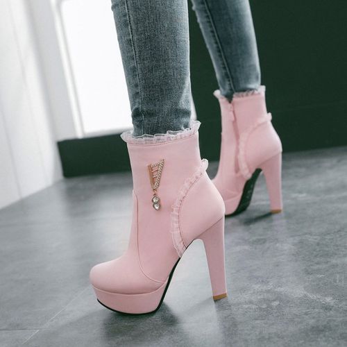 Women's Lace Rhinestone High Heels Platform Short Boots