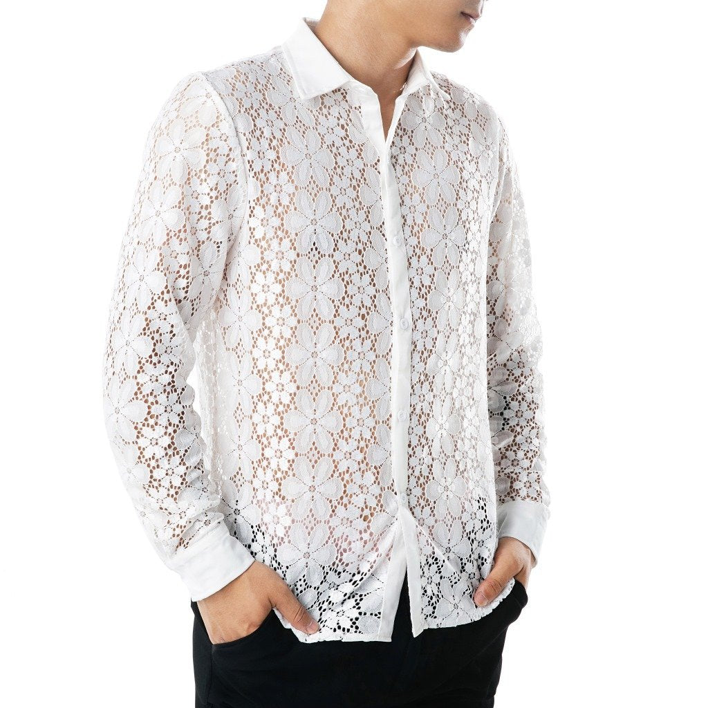 Men's Lace Solid Color Fashion Design Long Sleeves Turndown Shirts