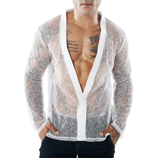 Men's Solid Transparent Mesh Cardigan Long Sleeves T Shirts