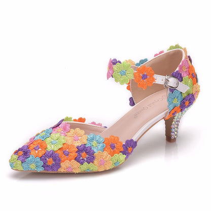 Women Colorful Lace Pointed Toe Mary Janes Wedding Sandals