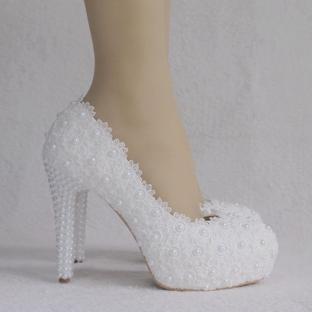 Women Round Toe Lace Pearls Platform Pumps Stiletto Heel Bridal Wedding Shoes