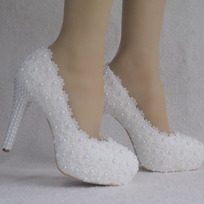 Women Round Toe Lace Pearls Platform Pumps Stiletto Heel Bridal Wedding Shoes