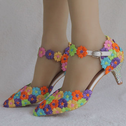 Women Colorful Lace Pointed Toe Mary Janes Wedding Sandals