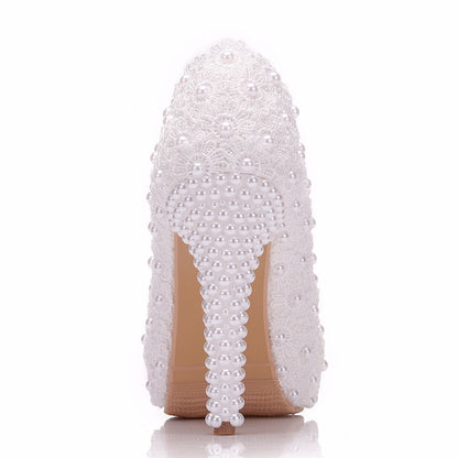 Women Round Toe Lace Pearls Platform Pumps Stiletto Heel Bridal Wedding Shoes