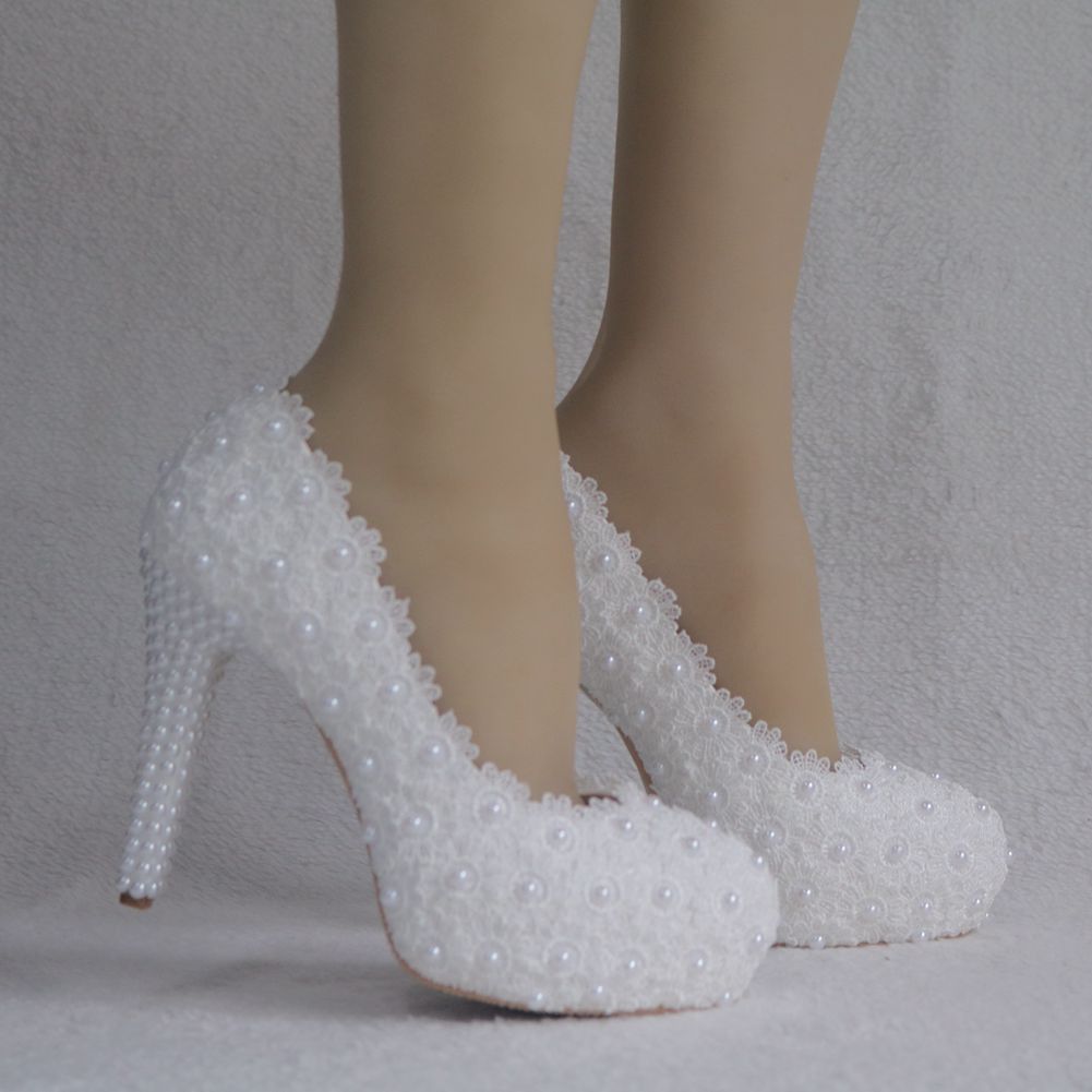 Women Round Toe Lace Pearls Platform Pumps Stiletto Heel Bridal Wedding Shoes