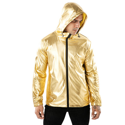 Men's Solid Color Bronzing Fabric Sports Hooded Jackets