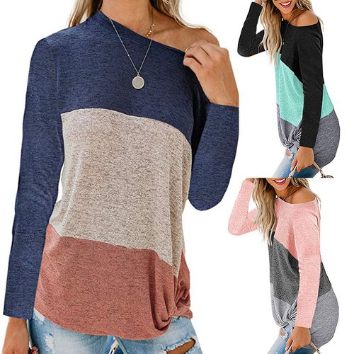 Womens Long Sleeve One Line Neck Contrast Color T-shirt