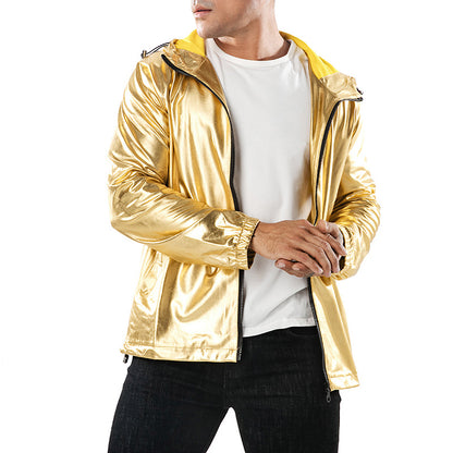 Men's Solid Color Bronzing Fabric Sports Hooded Jackets