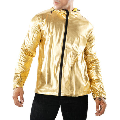 Men's Solid Color Bronzing Fabric Sports Hooded Jackets