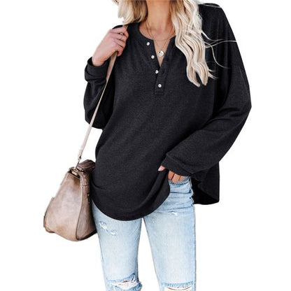 Women Solid Color Half-open Buckle V-neck Long Sleeved T-shirt