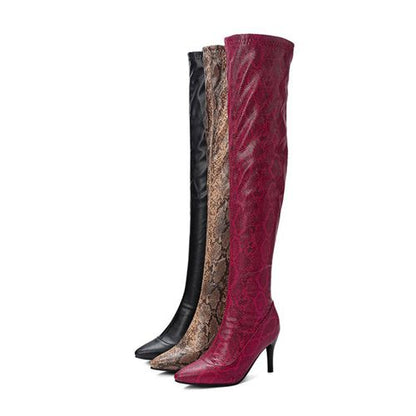 Women Pointed Toe Snake Pattern High Heel Tall Boots