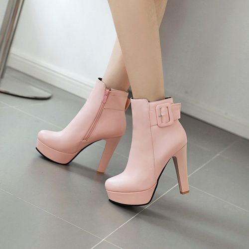 Women's Buckle Zipper High Heels Platform Short Boots