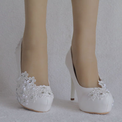 Women Round Toe Lace Flora Pearls Rhinestone Stiletto Heel Platform Pumps Bridal Wedding Shoes