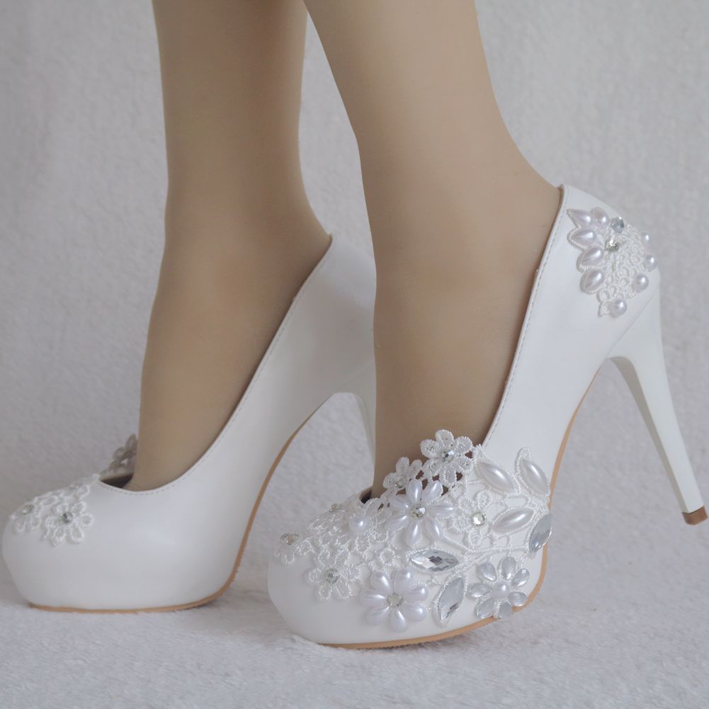 Women Round Toe Lace Flora Pearls Rhinestone Stiletto Heel Platform Pumps Bridal Wedding Shoes