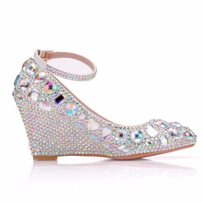 Colorful Rhinestone Ankle Strap 8cm Wedge Heel Women Pumps Wedding Shoes