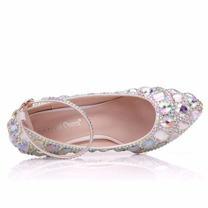 Colorful Rhinestone Ankle Strap 8cm Wedge Heel Women Pumps Wedding Shoes