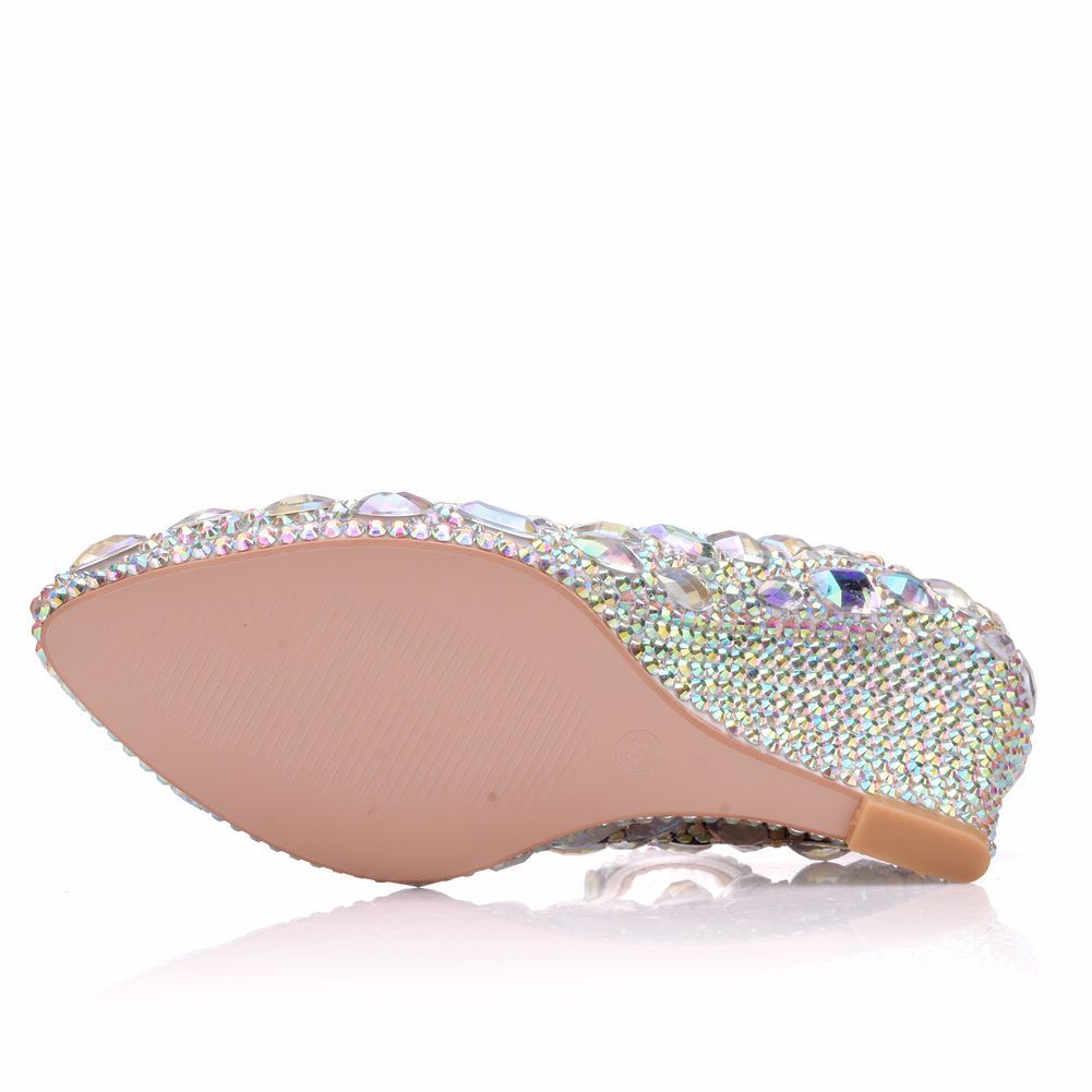 Colorful Rhinestone Ankle Strap 8cm Wedge Heel Women Pumps Wedding Shoes