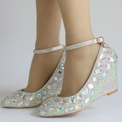 Colorful Rhinestone Ankle Strap 8cm Wedge Heel Women Pumps Wedding Shoes