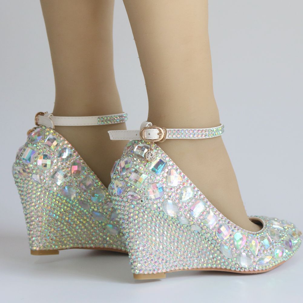 Colorful Rhinestone Ankle Strap 8cm Wedge Heel Women Pumps Wedding Shoes