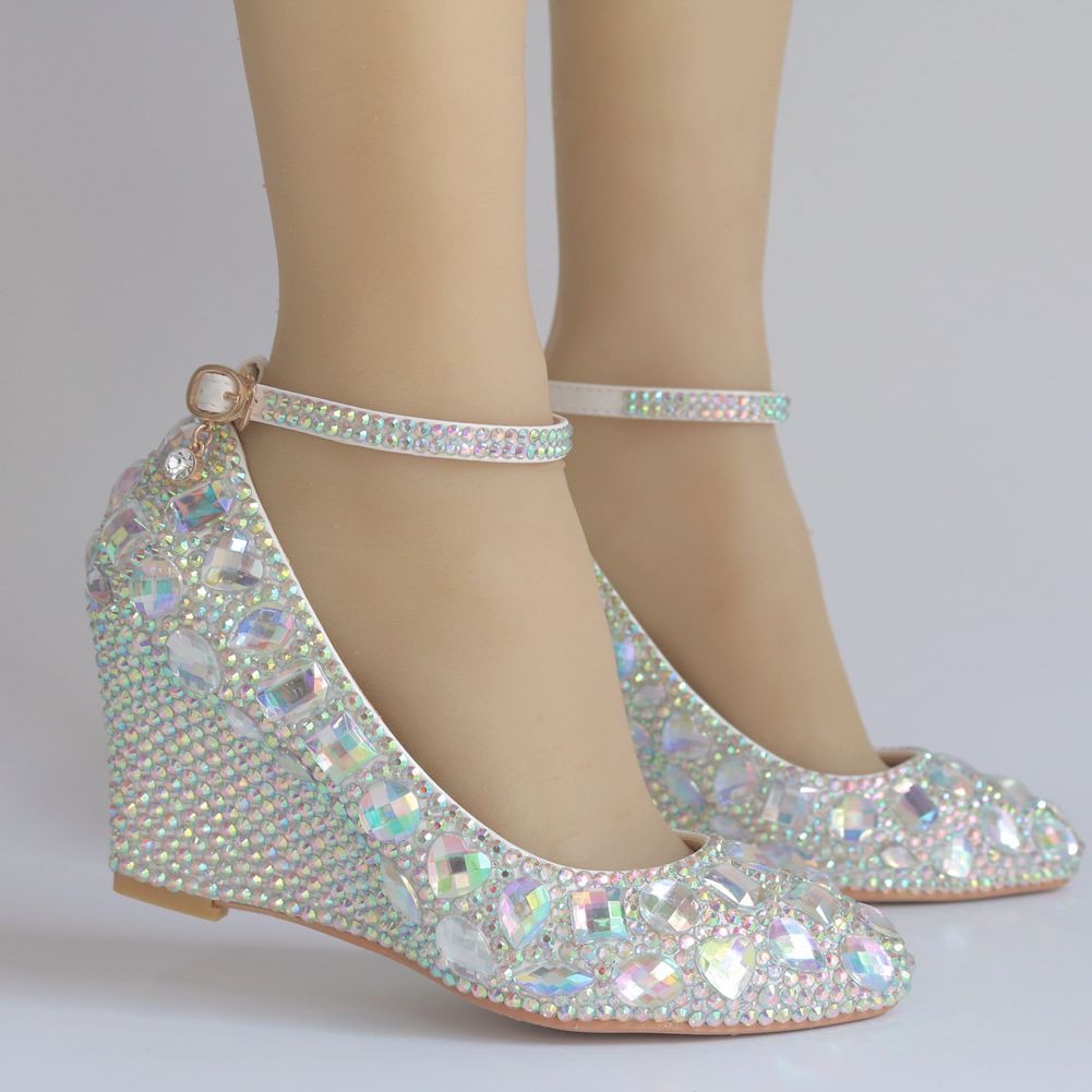 Colorful Rhinestone Ankle Strap 8cm Wedge Heel Women Pumps Wedding Shoes