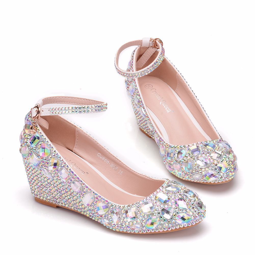 Rhinestone Ankle Strap 5cm Wedge Heel Women Pumps Wedding Shoes