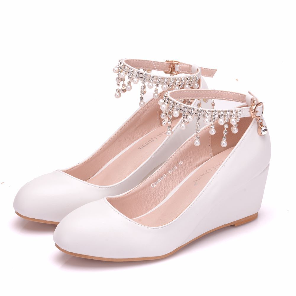 Pearls Rhinestone Tassel 5.5cm Wedge Heel Women Pumps Wedding Shoes