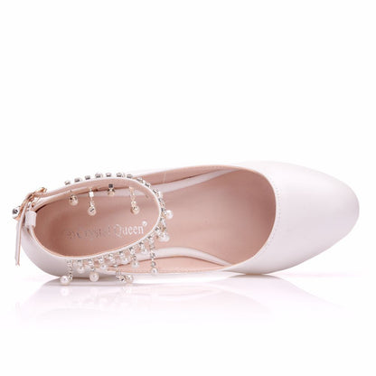 Pearls Rhinestone Tassel 5.5cm Wedge Heel Women Pumps Wedding Shoes