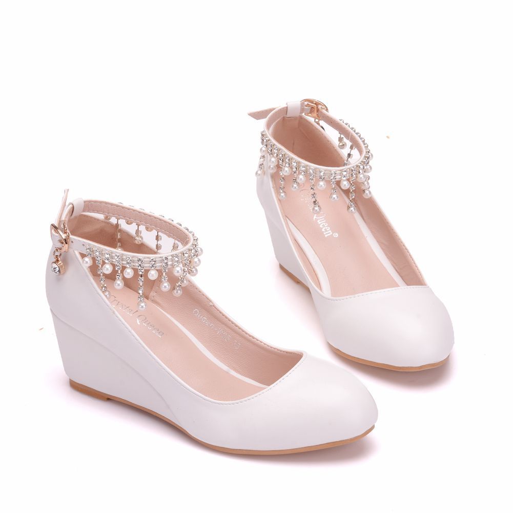 Pearls Rhinestone Tassel 5.5cm Wedge Heel Women Pumps Wedding Shoes