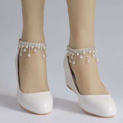 Pearls Rhinestone Tassel 5.5cm Wedge Heel Women Pumps Wedding Shoes