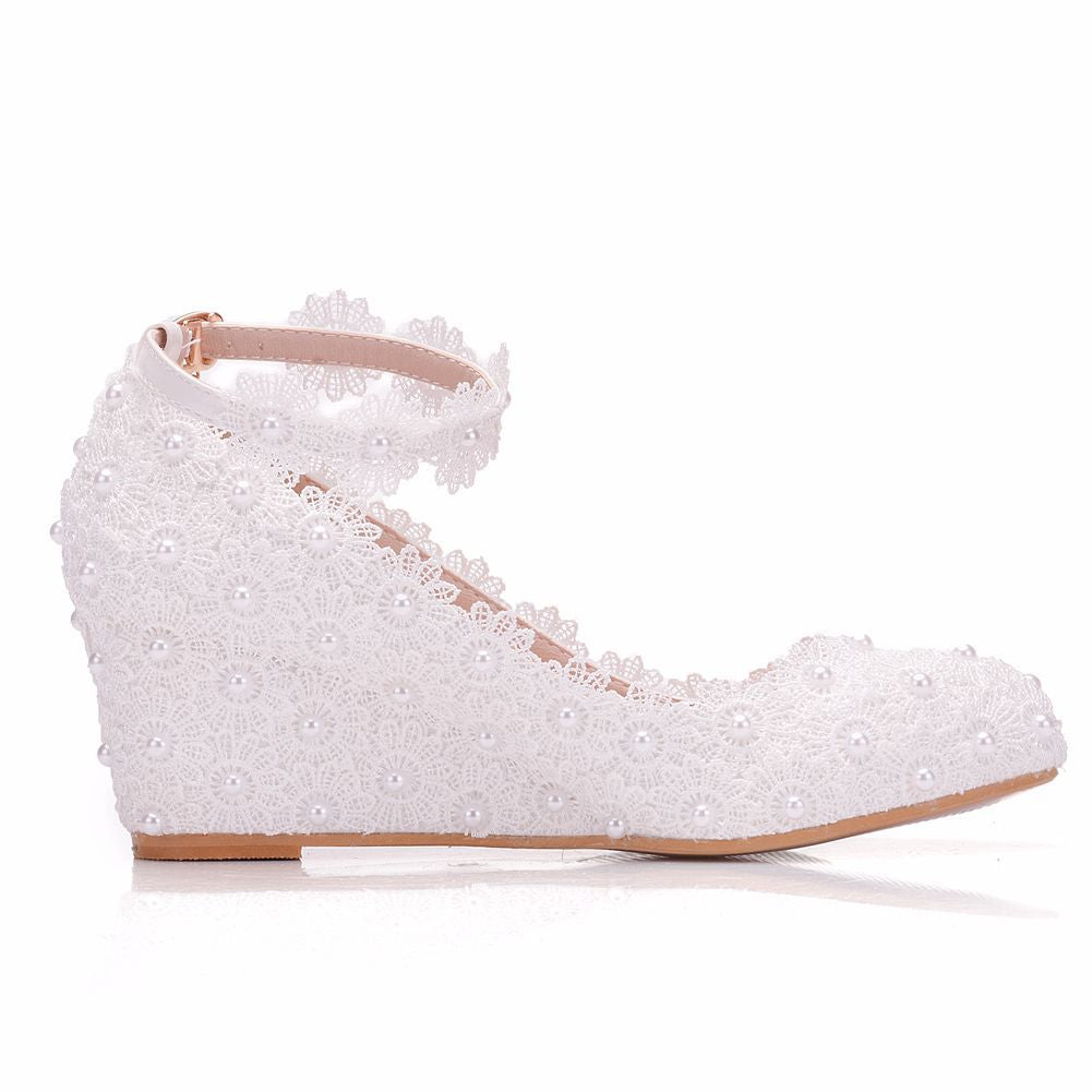 Pearls Lace Shallow Ankle Strap 5.5cm Wedge Heel Women Pumps Wedding Shoes