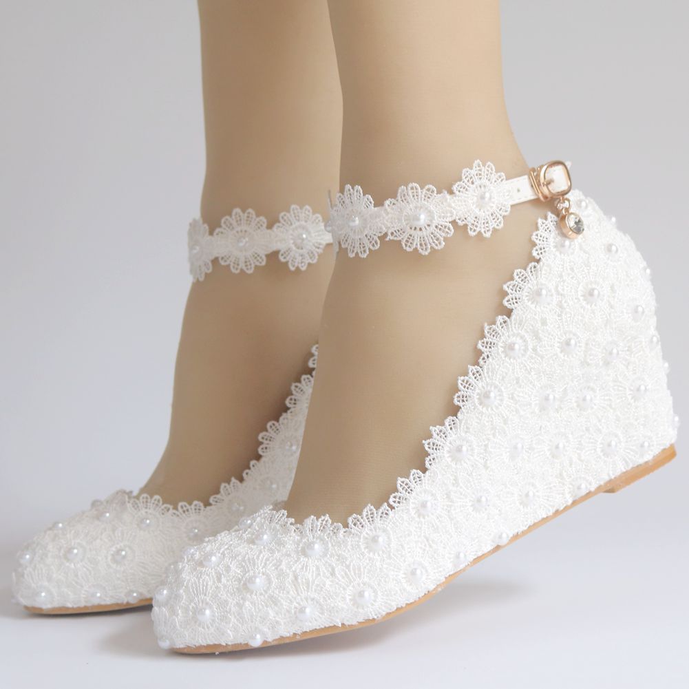 Pearls Lace Shallow Ankle Strap 5.5cm Wedge Heel Women Pumps Wedding Shoes