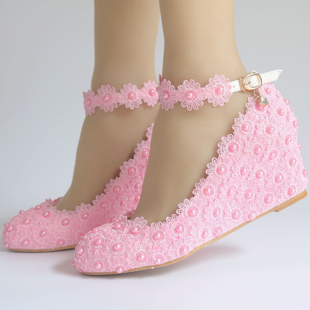 Pearls Lace Shallow Ankle Strap 5.5cm Wedge Heel Women Pumps Wedding Shoes