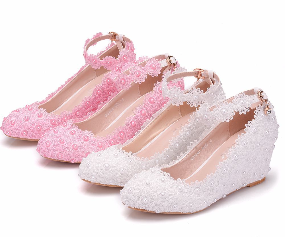Pearls Lace Shallow Ankle Strap 5.5cm Wedge Heel Women Pumps Wedding Shoes