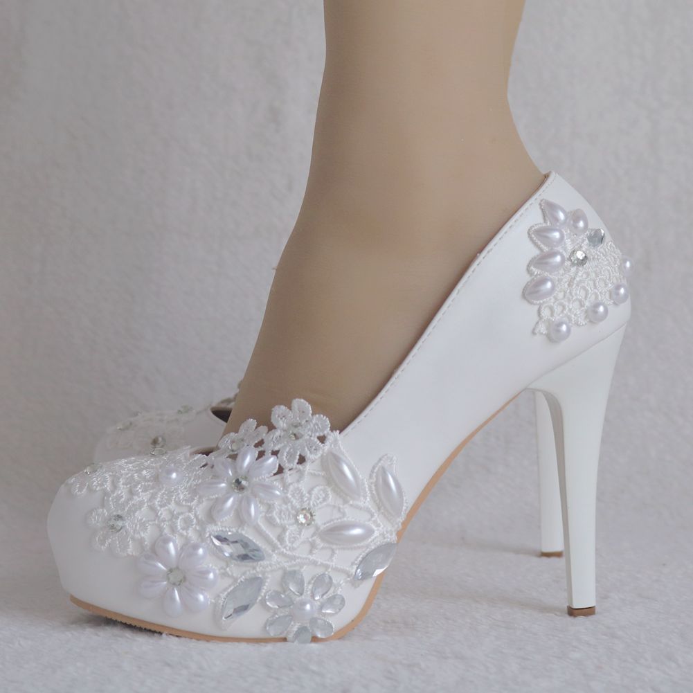 Women Round Toe Lace Flora Pearls Rhinestone Stiletto Heel Platform Pumps Bridal Wedding Shoes