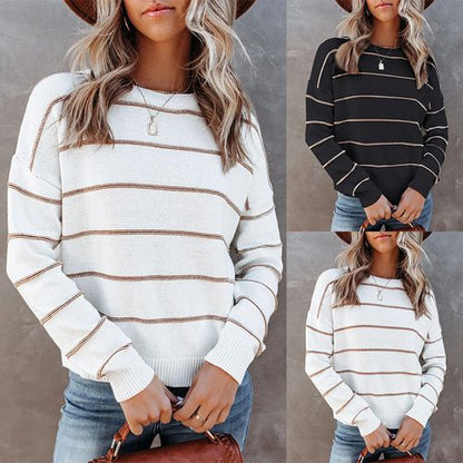 Womens Round Neck Stripe Long Sleeve Pullover Sweater