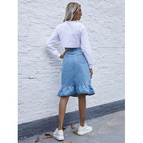 Ins Fashion High Waist Flounce Denim Women Skirts