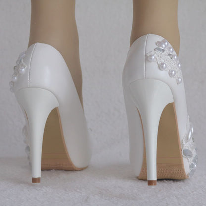 Women Round Toe Lace Flora Pearls Rhinestone Stiletto Heel Platform Pumps Bridal Wedding Shoes