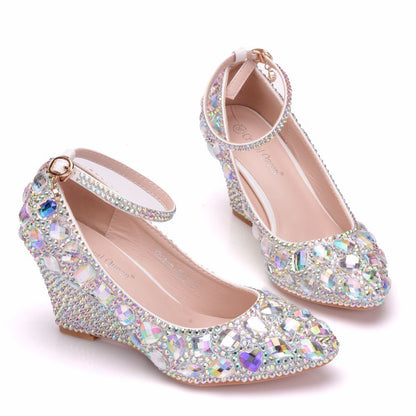 Colorful Rhinestone Ankle Strap 8cm Wedge Heel Women Pumps Wedding Shoes