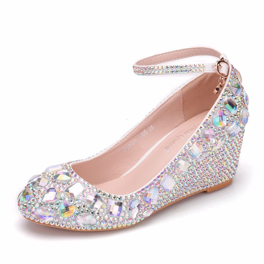 Rhinestone Ankle Strap 5cm Wedge Heel Women Pumps Wedding Shoes