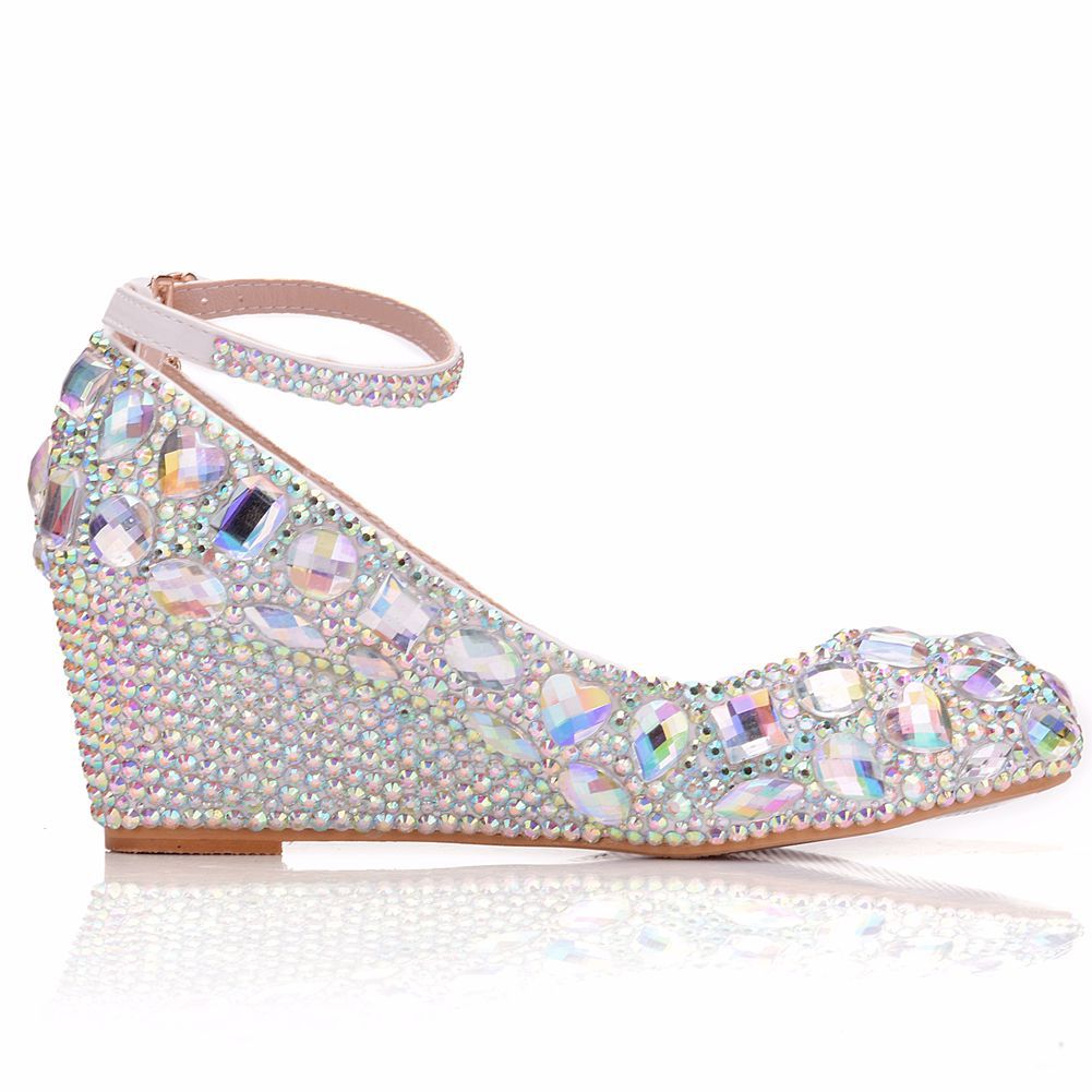 Rhinestone Ankle Strap 5cm Wedge Heel Women Pumps Wedding Shoes