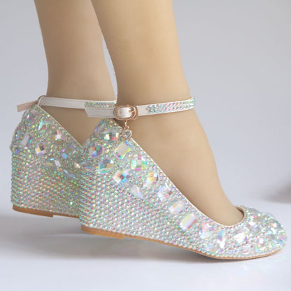 Rhinestone Ankle Strap 5cm Wedge Heel Women Pumps Wedding Shoes