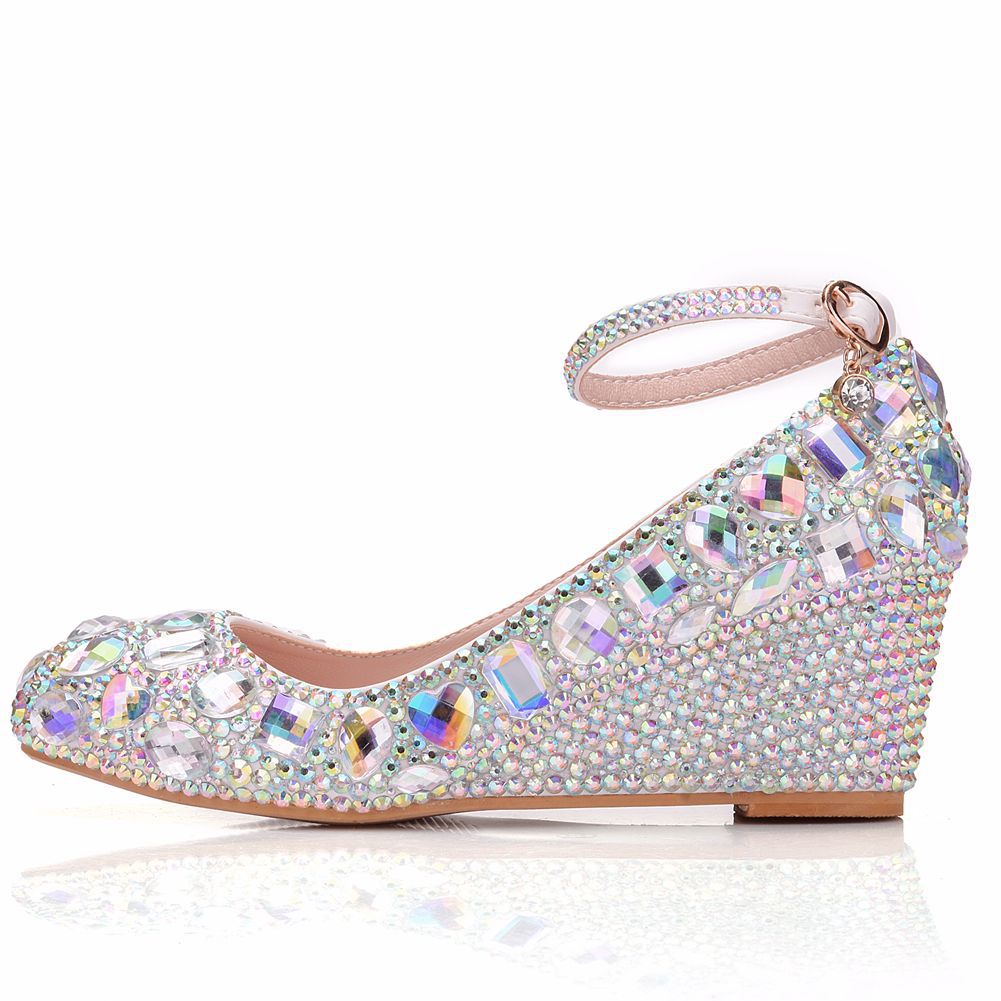 Rhinestone Ankle Strap 5cm Wedge Heel Women Pumps Wedding Shoes