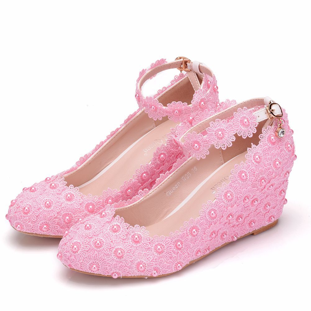 Pearls Lace Shallow Ankle Strap 5.5cm Wedge Heel Women Pumps Wedding Shoes