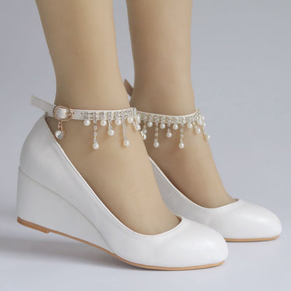 Pearls Rhinestone Tassel 5.5cm Wedge Heel Women Pumps Wedding Shoes