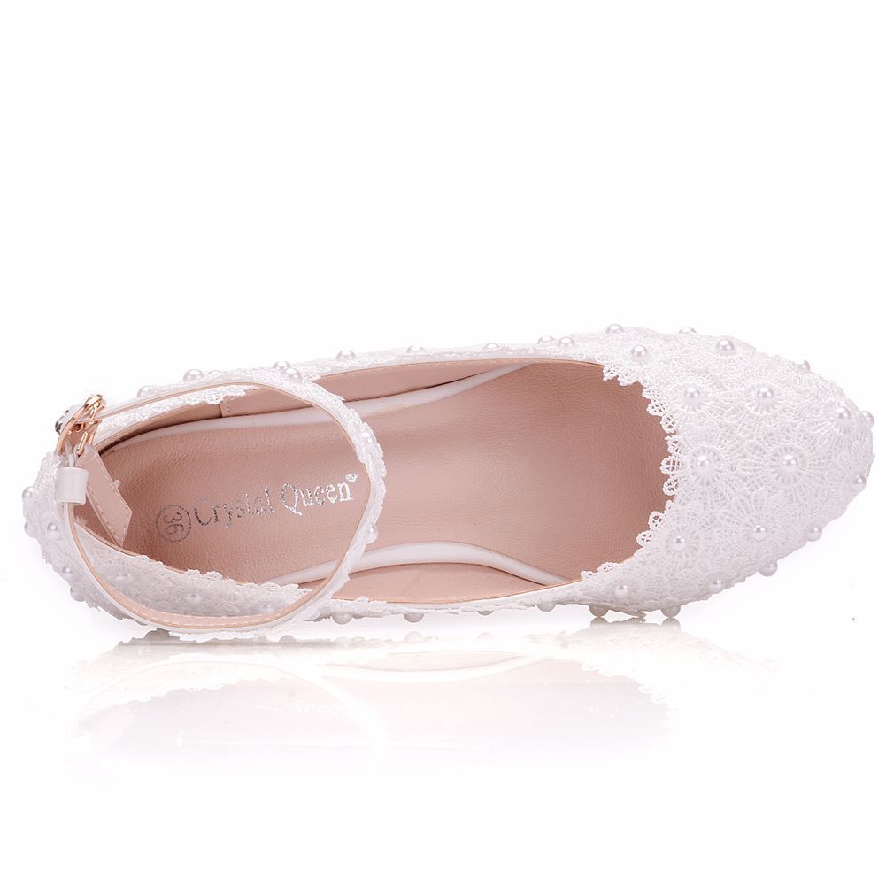 Pearls Lace Shallow Ankle Strap 5.5cm Wedge Heel Women Pumps Wedding Shoes