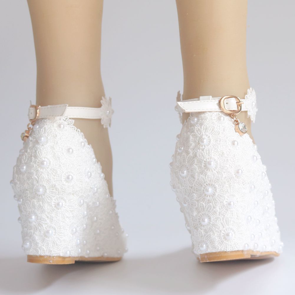 Pearls Lace Shallow Ankle Strap 5.5cm Wedge Heel Women Pumps Wedding Shoes